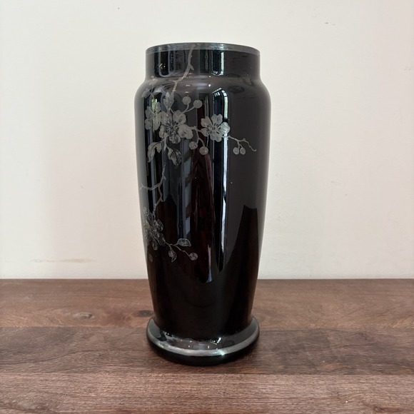 Vintage Czech Black Glass Etched Vase – Birds & Floral – Art Deco Style Moody - Picture 4 of 12